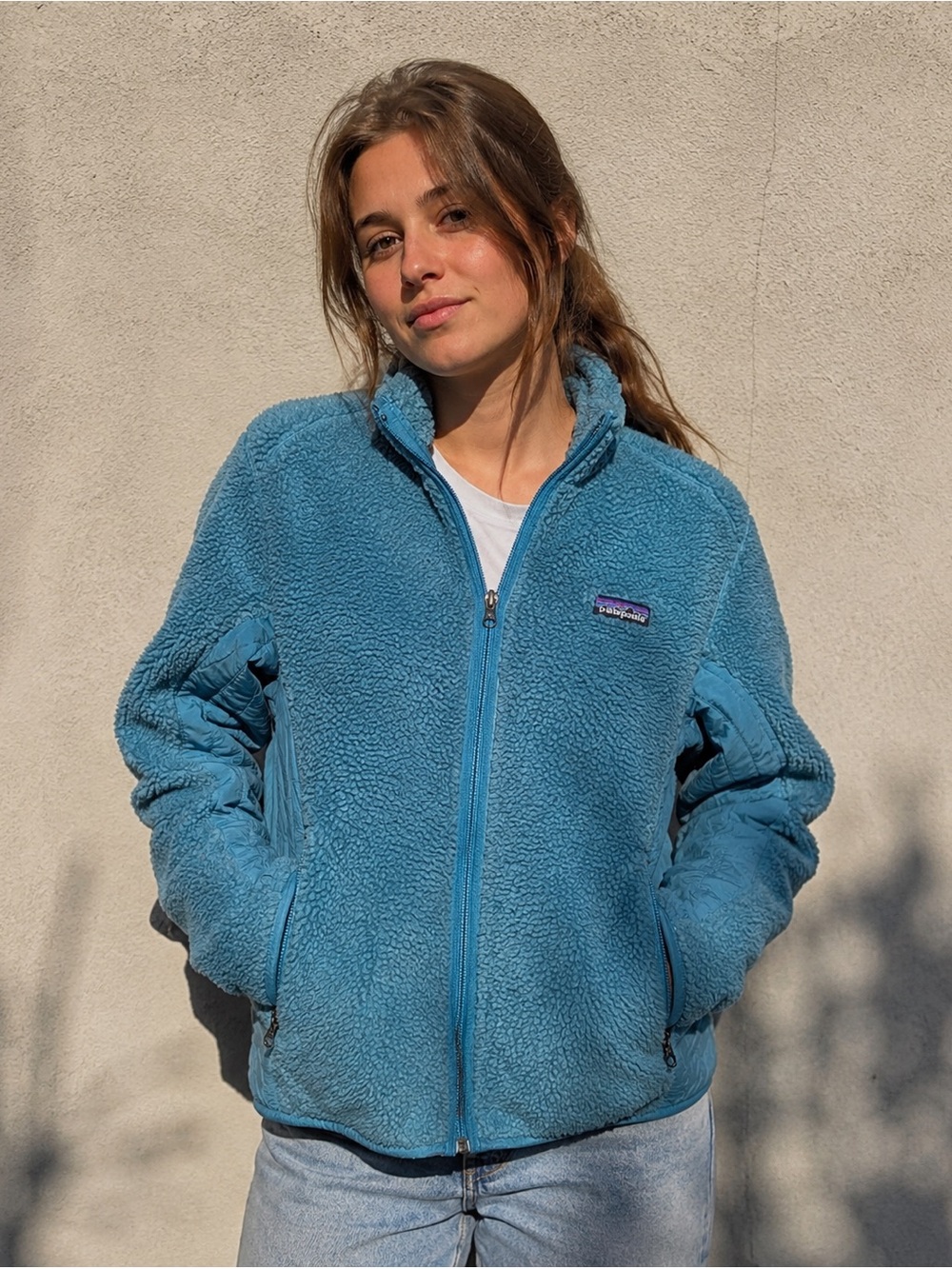Patagonia medium Womens Classic Retro-X fleece jacket light blue turquoise color
